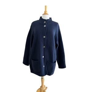 Vintage L.L. Bean 100% Wool Navy Blue Button Up Cardigan Womens Sz XL